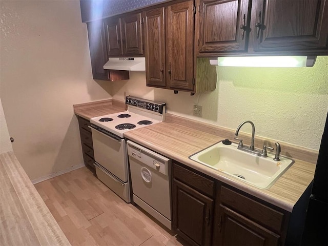 kitchen with dishwasher, white electric range oven, under cabinet range hood, a sink, and light countertops