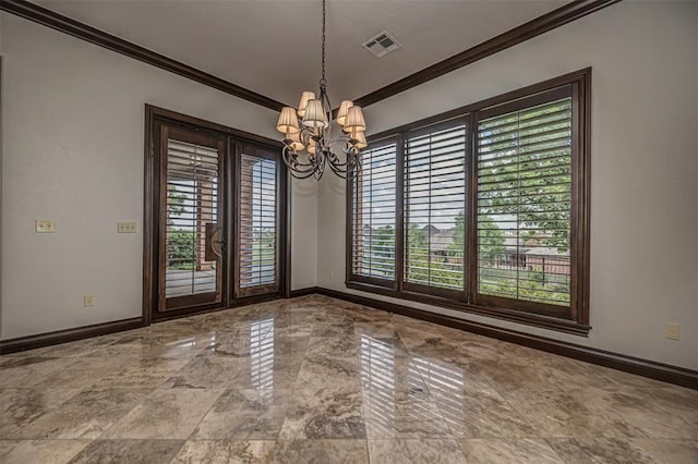 unfurnished dining area featuring baseboards, a chandelier, and ornamental molding