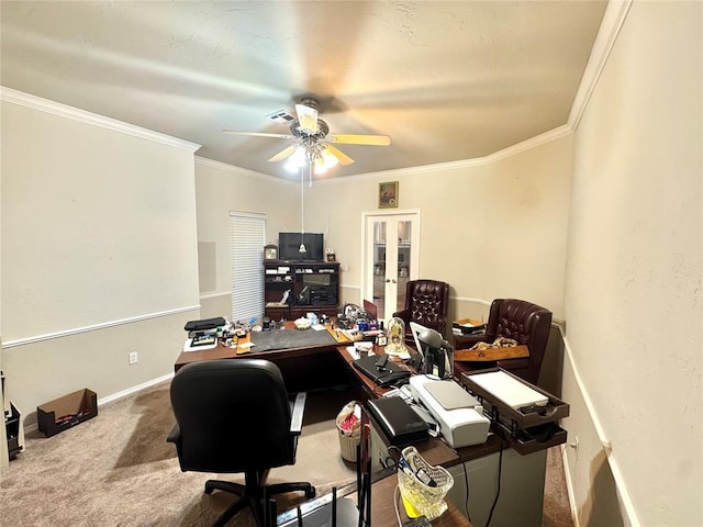 office with carpet flooring, ornamental molding, ceiling fan, french doors, and baseboards