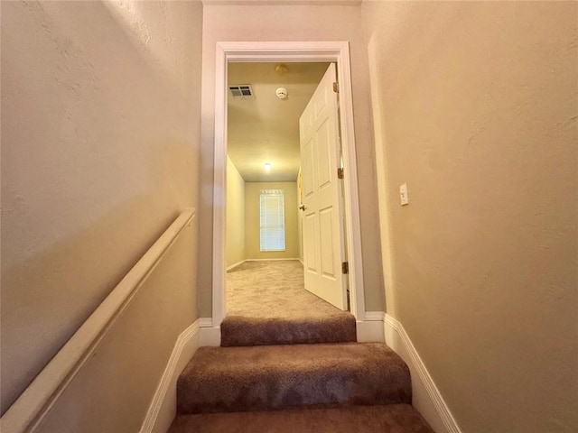 staircase with carpet floors and baseboards