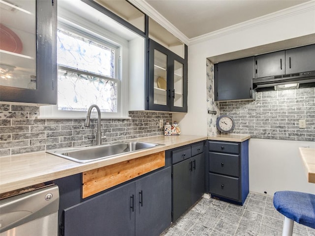3208 NW 34th St, Oklahoma City, OK 73112 - kitchen with a sink, dishwasher, tasteful backsplash, crown molding, and under cabinet range hood