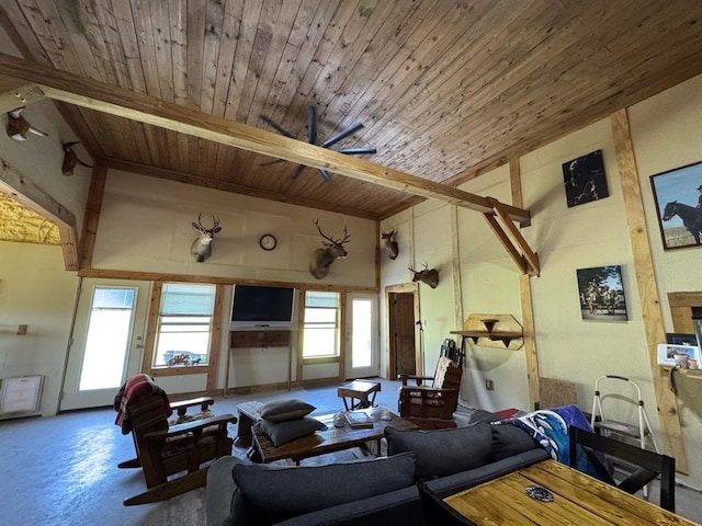 377056 E 1040th Rd, Okemah, OK 74859 - living area featuring finished concrete floors and wooden ceiling