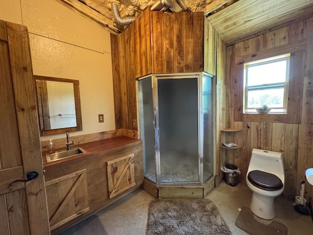 377056 E 1040th Rd, Okemah, OK 74859 - bathroom with toilet, a shower stall, wood walls, concrete floors, and vanity