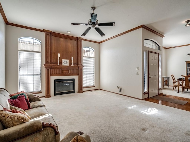 carpeted living room featuring ornamental molding, ceiling fan, a fireplace, and baseboards