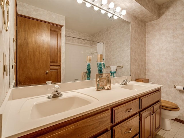 full bathroom featuring toilet, tile patterned flooring, curtained shower, and double vanity