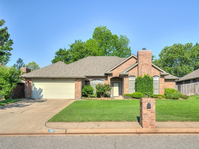ranch-style home with a chimney, a garage, brick siding, driveway, and a shingled roof