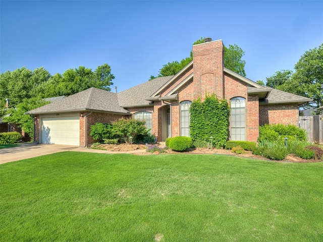 single story home with a chimney, brick siding, roof with shingles, a garage, and driveway