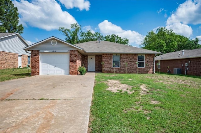 ranch-style house featuring driveway, cooling unit, a garage, a front lawn, and brick siding