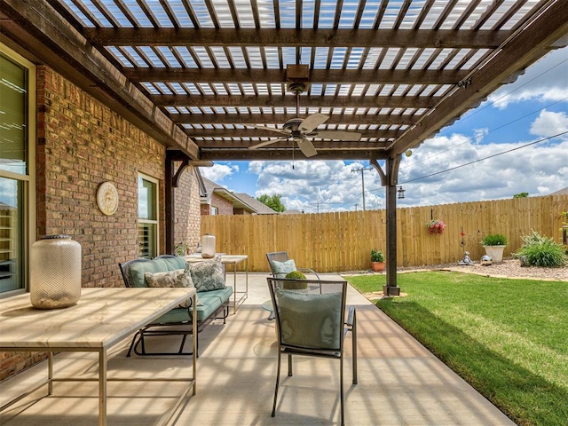 view of patio / terrace with a pergola, an outdoor living space, and ceiling fan