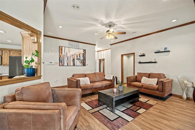 8109 Dawn Cir, Oklahoma City, OK 73135 - living room with a ceiling fan, light wood finished floors, recessed lighting, crown molding, and baseboards