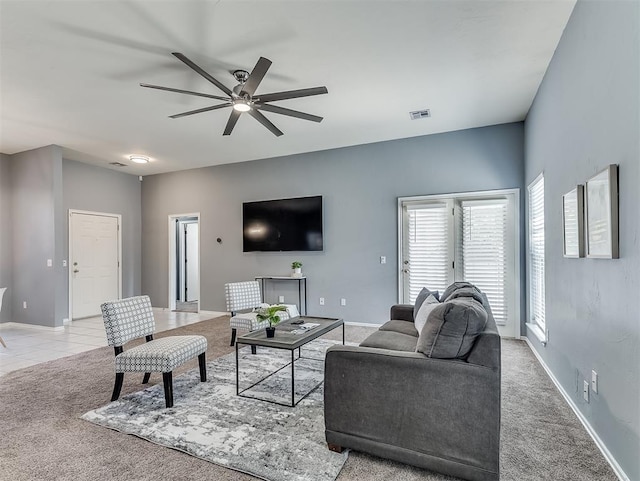 4900 Republic Dr, Oklahoma City, OK 73135 - carpeted living area featuring ceiling fan and baseboards
