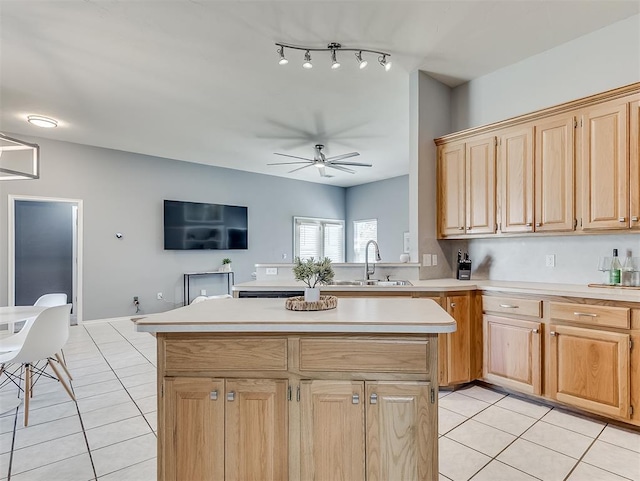 4900 Republic Dr, Oklahoma City, OK 73135 - kitchen with light tile patterned floors, a sink, light countertops, and a ceiling fan