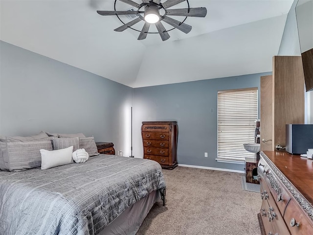 4900 Republic Dr, Oklahoma City, OK 73135 - bedroom featuring lofted ceiling, light colored carpet, ceiling fan, and baseboards