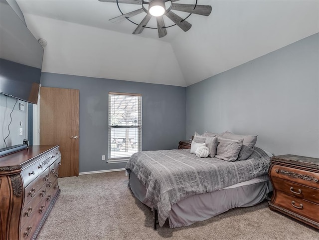 4900 Republic Dr, Oklahoma City, OK 73135 - bedroom featuring vaulted ceiling, light colored carpet, a ceiling fan, and baseboards
