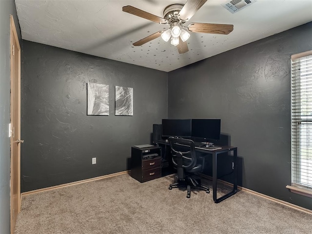 4900 Republic Dr, Oklahoma City, OK 73135 - unfurnished office with carpet floors, a ceiling fan, a textured wall, and baseboards