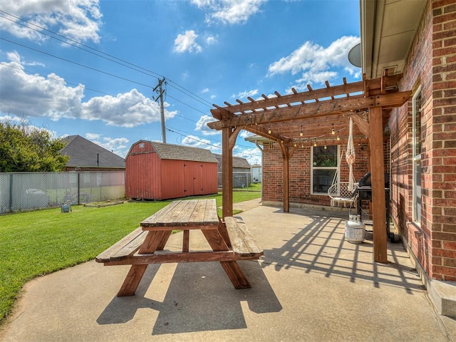 4900 Republic Dr, Oklahoma City, OK 73135 - view of patio with a shed, a pergola, an outdoor structure, outdoor dining space, and a grill