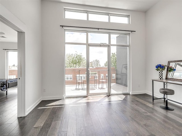 doorway featuring dark wood-style floors, plenty of natural light, and baseboards