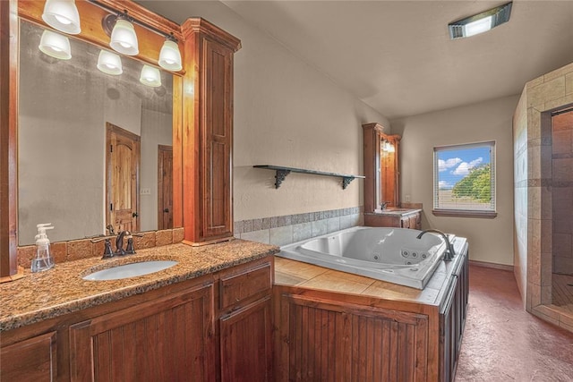 21698 SW Coombs Rd, Cache, OK 73527 - bathroom with a jetted tub, vanity, and tiled shower