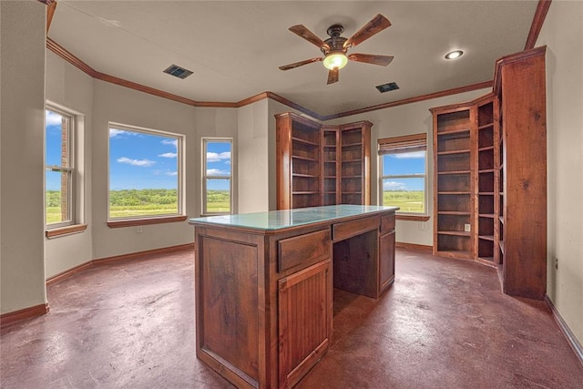 21698 SW Coombs Rd, Cache, OK 73527 - unfurnished office with baseboards, ornamental molding, concrete flooring, ceiling fan, and recessed lighting