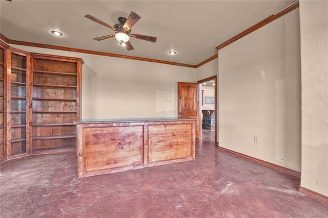 21698 SW Coombs Rd, Cache, OK 73527 - spare room with crown molding, finished concrete flooring, ceiling fan, baseboards, and recessed lighting