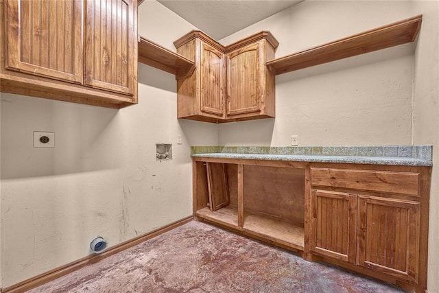 21698 SW Coombs Rd, Cache, OK 73527 - washroom featuring hookup for an electric dryer, carpet flooring, cabinet space, washer hookup, and baseboards