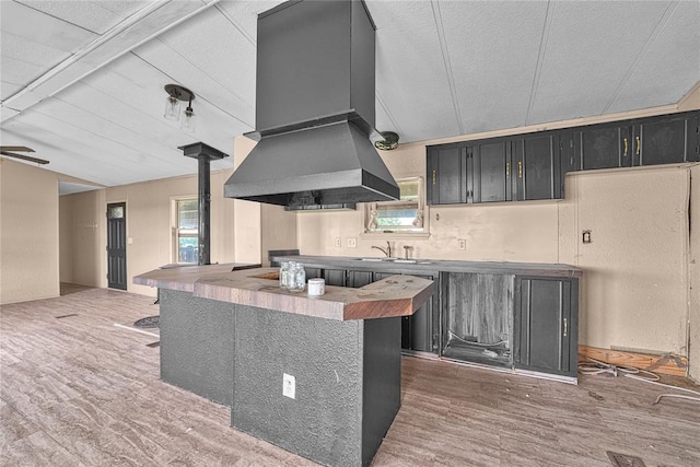 21698 SW Coombs Rd, Cache, OK 73527 - kitchen featuring ventilation hood, dark cabinets, wood finished floors, a sink, and open floor plan