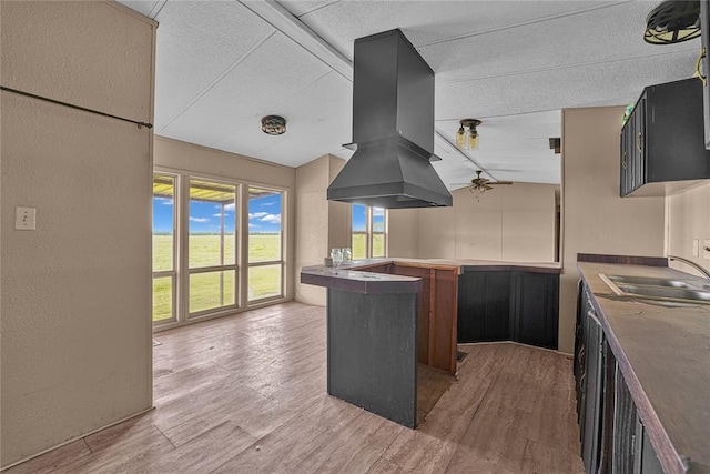 21698 SW Coombs Rd, Cache, OK 73527 - kitchen with island range hood, a sink, a peninsula, wood finished floors, and vaulted ceiling