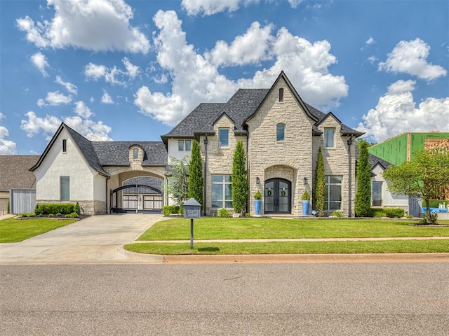 4205 Farm Hill Rd, Norman, OK 73072 - french country style house with stone siding, a front lawn, driveway, and french doors
