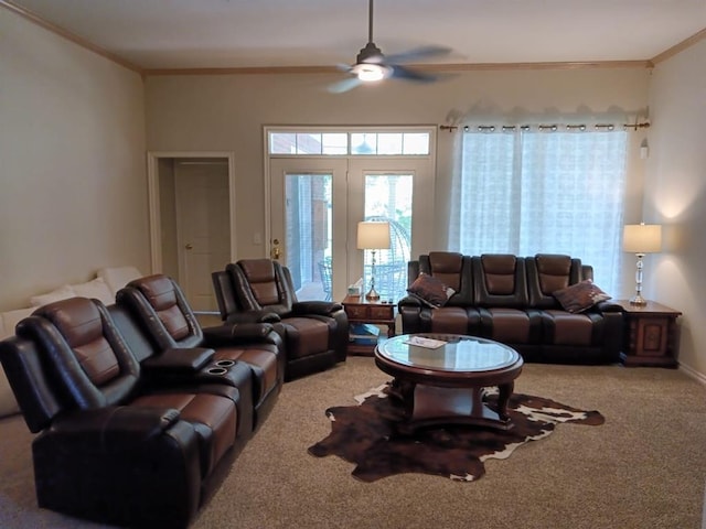 15513 Swallowtail Rd, Edmond, OK 73013 - carpeted living area with crown molding and a ceiling fan