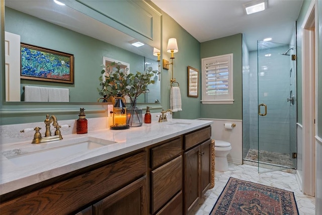 3804 NW 66th St, Oklahoma City, OK 73116 - full bath featuring a stall shower, toilet, double vanity, and marble look tile flooring
