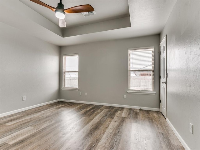 empty room featuring plenty of natural light, wood finished floors, a raised ceiling, and ceiling fan