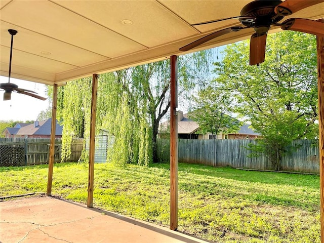 3113 SW 125th St, Oklahoma City, OK 73170 - view of yard with a patio, a ceiling fan, and an outdoor structure