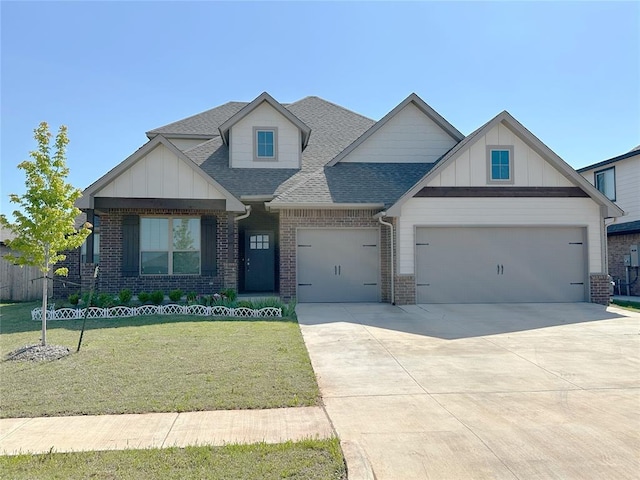 view of front of house featuring brick siding, a shingled roof, an attached garage, concrete driveway, and a front lawn
