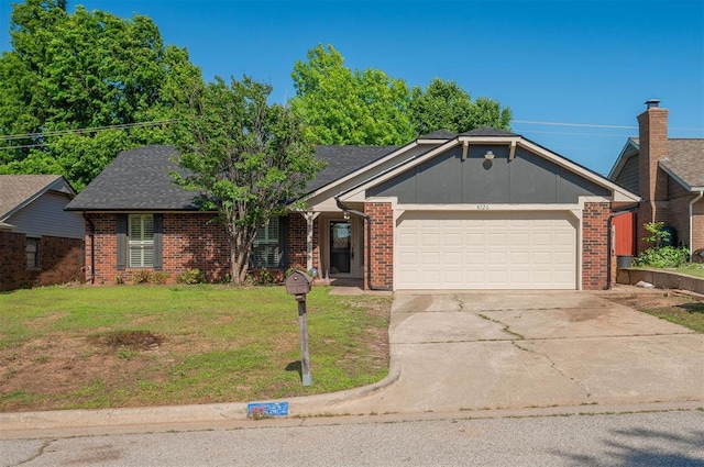 8720 Raven Ave, Oklahoma City, OK 73132 - ranch-style home with a garage, a front lawn, driveway, and brick siding