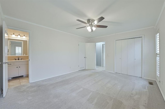 8720 Raven Ave, Oklahoma City, OK 73132 - unfurnished bedroom featuring a sink, light carpet, multiple windows, ornamental molding, and a closet