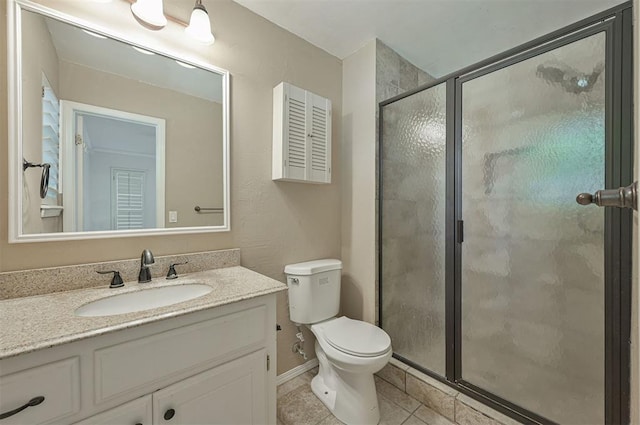 8720 Raven Ave, Oklahoma City, OK 73132 - bathroom featuring a shower stall, toilet, vanity, and tile patterned floors