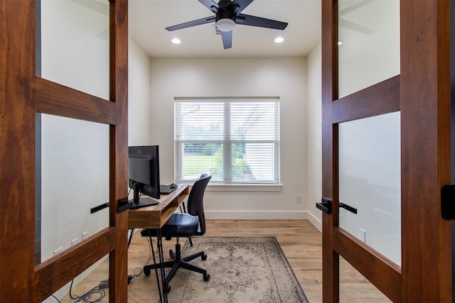 office with wood finished floors, baseboards, ceiling fan, and recessed lighting