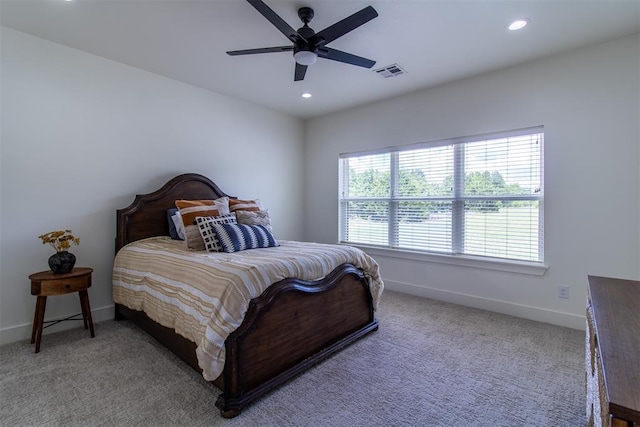 bedroom featuring baseboards, recessed lighting, carpet, and ceiling fan