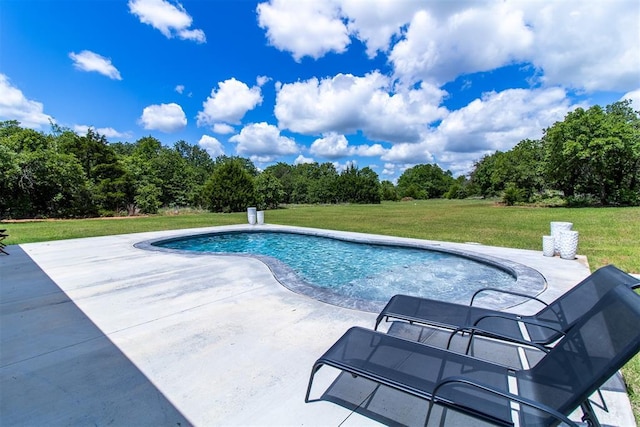 swimming pool with a patio and a lawn