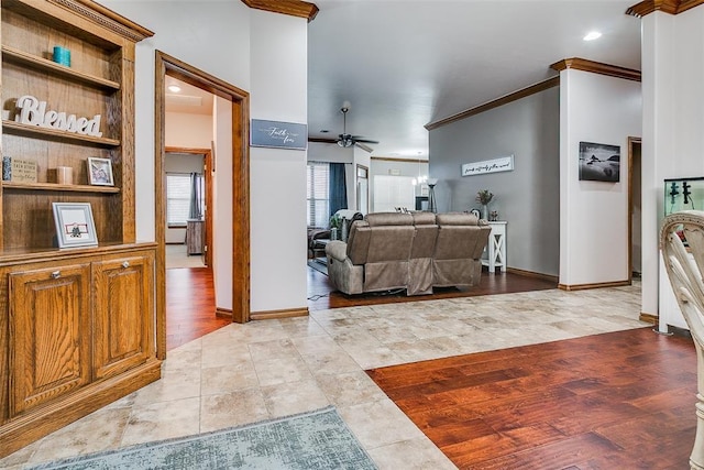 5608 Bent Creek Dr, Oklahoma City, OK 73135 - living room with a ceiling fan, crown molding, baseboards, light wood-type flooring, and recessed lighting