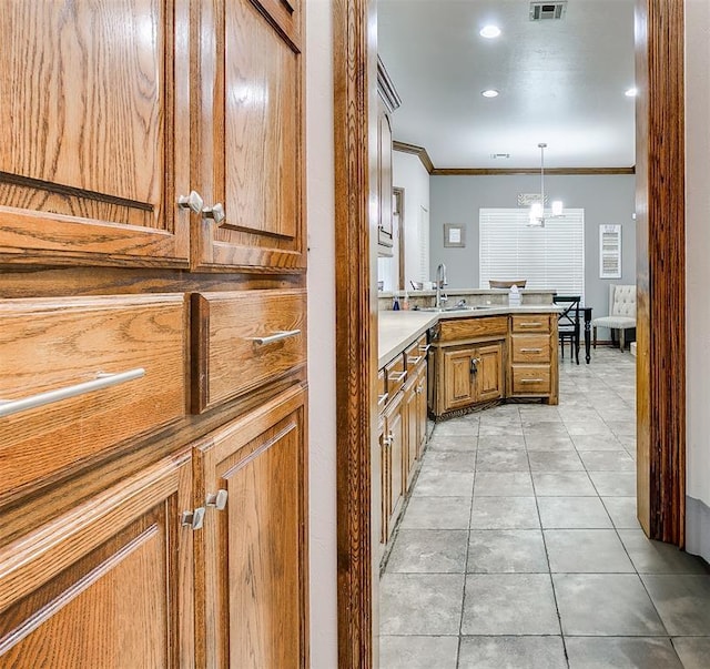 5608 Bent Creek Dr, Oklahoma City, OK 73135 - bathroom featuring ornamental molding, vanity, tile patterned flooring, a chandelier, and recessed lighting