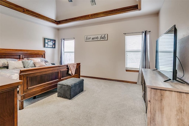 5608 Bent Creek Dr, Oklahoma City, OK 73135 - bedroom with light carpet, a tray ceiling, and baseboards