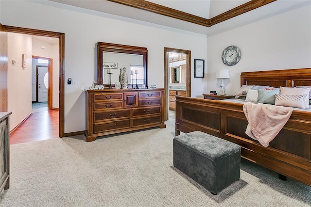 5608 Bent Creek Dr, Oklahoma City, OK 73135 - bedroom with light carpet, connected bathroom, baseboards, and ornamental molding