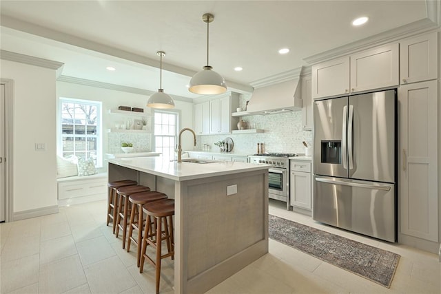 2650 NW 25th St, Oklahoma City, OK 73107 - kitchen featuring appliances with stainless steel finishes, a sink, open shelves, light countertops, and tasteful backsplash