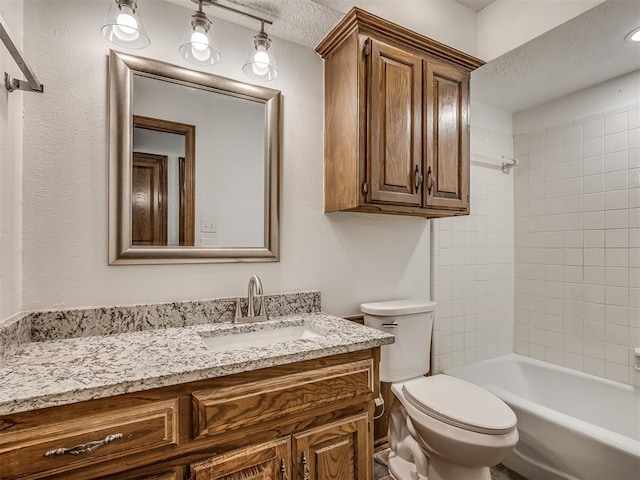4400 Windsong Way, Oklahoma City, OK 73120 - bathroom featuring vanity, toilet, a textured ceiling, and shower / tub combination