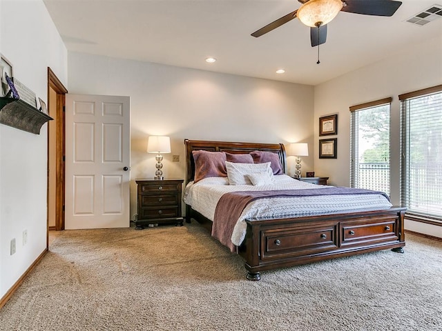 carpeted bedroom with baseboards, recessed lighting, and ceiling fan