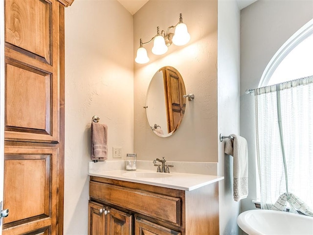 bathroom featuring plenty of natural light, a freestanding tub, and vanity