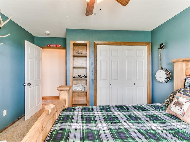 bedroom with a closet, carpet floors, and ceiling fan