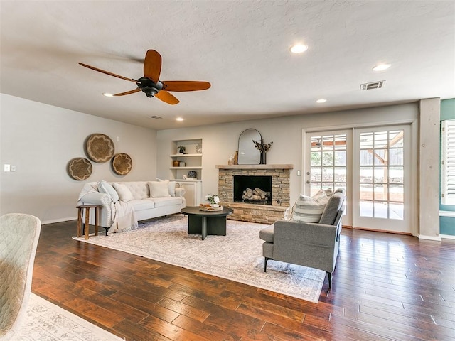 6709 Reed Dr, Oklahoma City, OK 73116 - living room featuring a ceiling fan, baseboards, dark wood-style floors, and recessed lighting