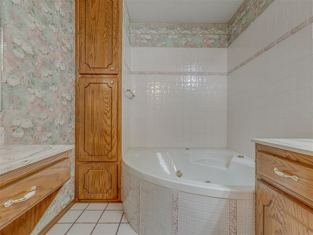 2915 N W Oaks Pl, Newcastle, OK 73065 - full bath with a whirlpool tub, wallpapered walls, tile patterned flooring, and vanity